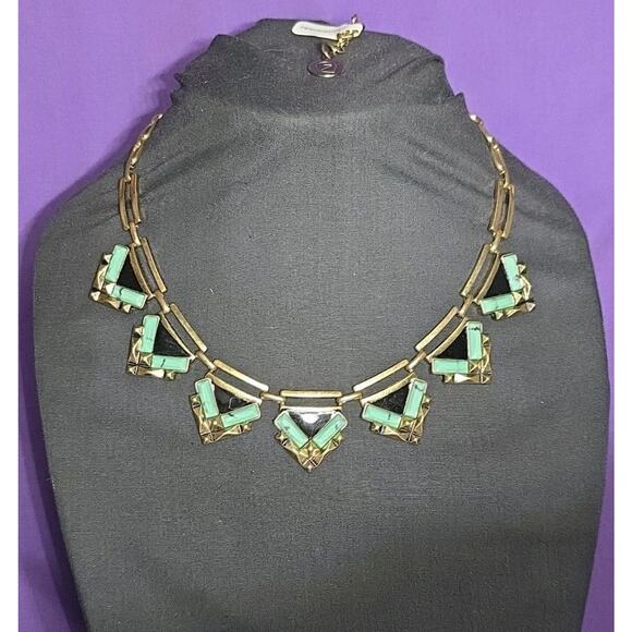 Egyptian Style Statement Necklace Gold Tone Brass Faux Turquoise Chevron Links - Picture 1 of 8